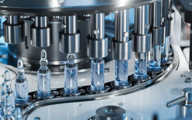 Close-up of Medical Ampoule Production Line at Modern Modern Pharmaceutical Factory.