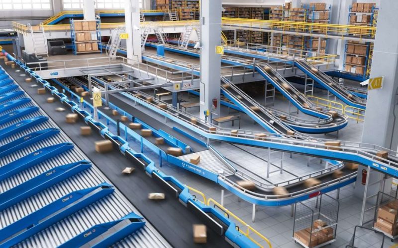 Automated Conveyor Belt Sorting Mechanism in a Logistics Center.